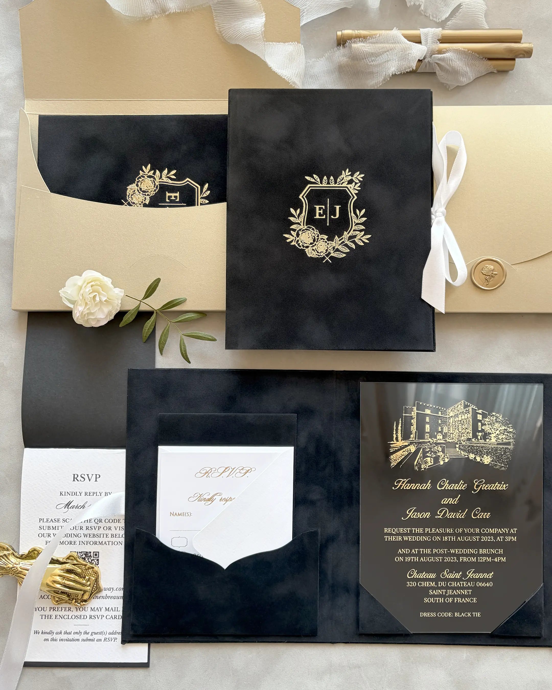 Black Velvet Venue Folio Wedding Invitation suite with gold monogram crest, acrylic insert and RSVP cards — Polina Perri